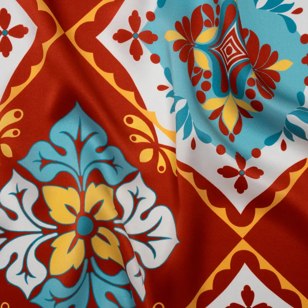 Silk Charmeuse Print 16MM, Made in Italy - Turquoise, Rust Red and Golden Yellow Fancy Floral Tiles