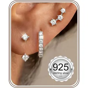 FIASASO 3 Pairs 925 Sterling Silver Hypoallergenic Earrings for Women Trendy - 14K Gold Plated Stud Hoop Cartilage Earrings Set Small Earring Stacks for Sensitive Ears Non Tarnish Dainty Silver Earring