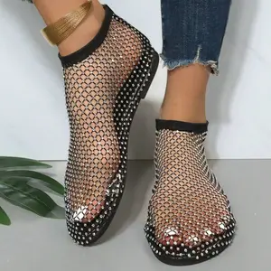 2025 Summer Women'S Rhinestone-Decorated Slip-On Sandals - Breathable Mesh Upper With Open-Toe Design, Flat Sole, Black Casual And Formal Non-Slip Rubber Sole, Comfortable And Stylish Slippers, Artificial Insole. Walking Shoes Girl