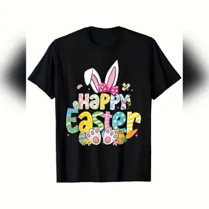 Men's & Women's Happy Easter Bunny & Egg Print T Shirt Retro Spring Tee With Bunnies Chicks Paw Prints Unisex Casual S Ultra Comfy Tee