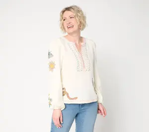 Driftwood Jeans Knit Boho Embroidered Long-Sleeve Top - Desert Yellow