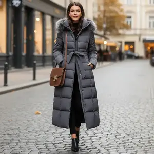 Women's Long Down Cotton Parka Coat with Fur Collar - Winter Warm Thick Padded Overcoat Hooded Loose Fit Over Knee Length Jacket for Cold Weather Outdoor Activities Fashion Tops Asian Style
