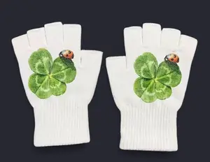Lucky Clover Fingerless Gloves, Unisex Soft Knit Gloves, Green Four Leaf Clover Print, Soft Stretch Knit, One Size, Cute Casual Streetwear Accessory, Cold Weather Outfit Add-On