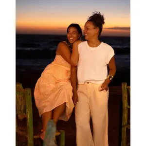 Suki Linen Pant: Peach Chambray