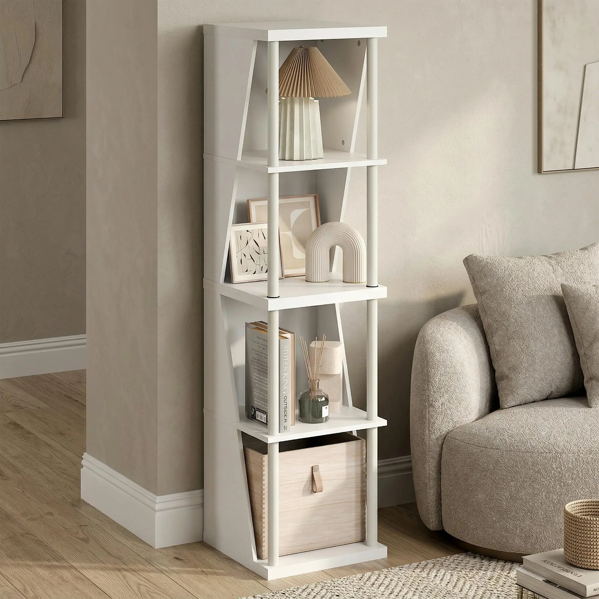 White DIY Assembly 4-Cube Corner Flexi Storage Shelf - Stackable Cubes, Separable, Space-Saving Small Indoor Furniture for Living Room, Home Organization, Four Cube Units, Rectangular Form