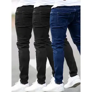 Fine casual men's clothing 3-Pack Men'S Slim Fit Stretch Denim Jeans, Solid Color, Regular Length, All-Season, Classic Style, Mid-Stretch Fabric, Tailored Fit, Men'S Fashion Jeans