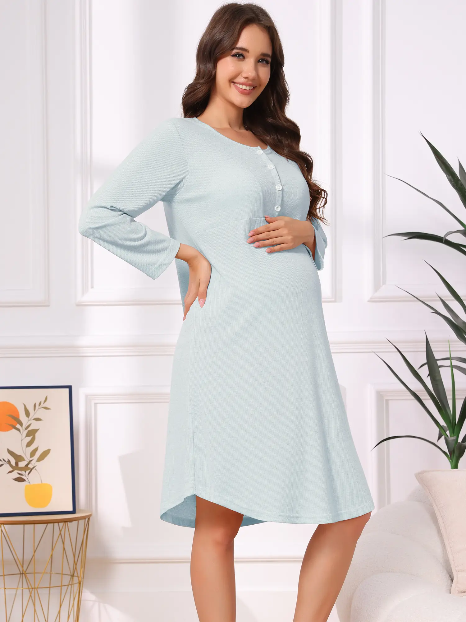 INSPIRE CHIC Maternity Nightgown Long Sleeves Labor Gown Breastfeeding Nursing Dress for Women Maternity Sleepwear