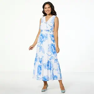 Nina Leonard Printed Chiffon Smocked Waist Maxi Dress