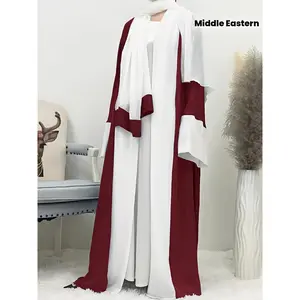 Ramadan Middle Eastern Women's Long Robe with Patchwork Chiffon Kaftan Dress (Includes Headscarf)