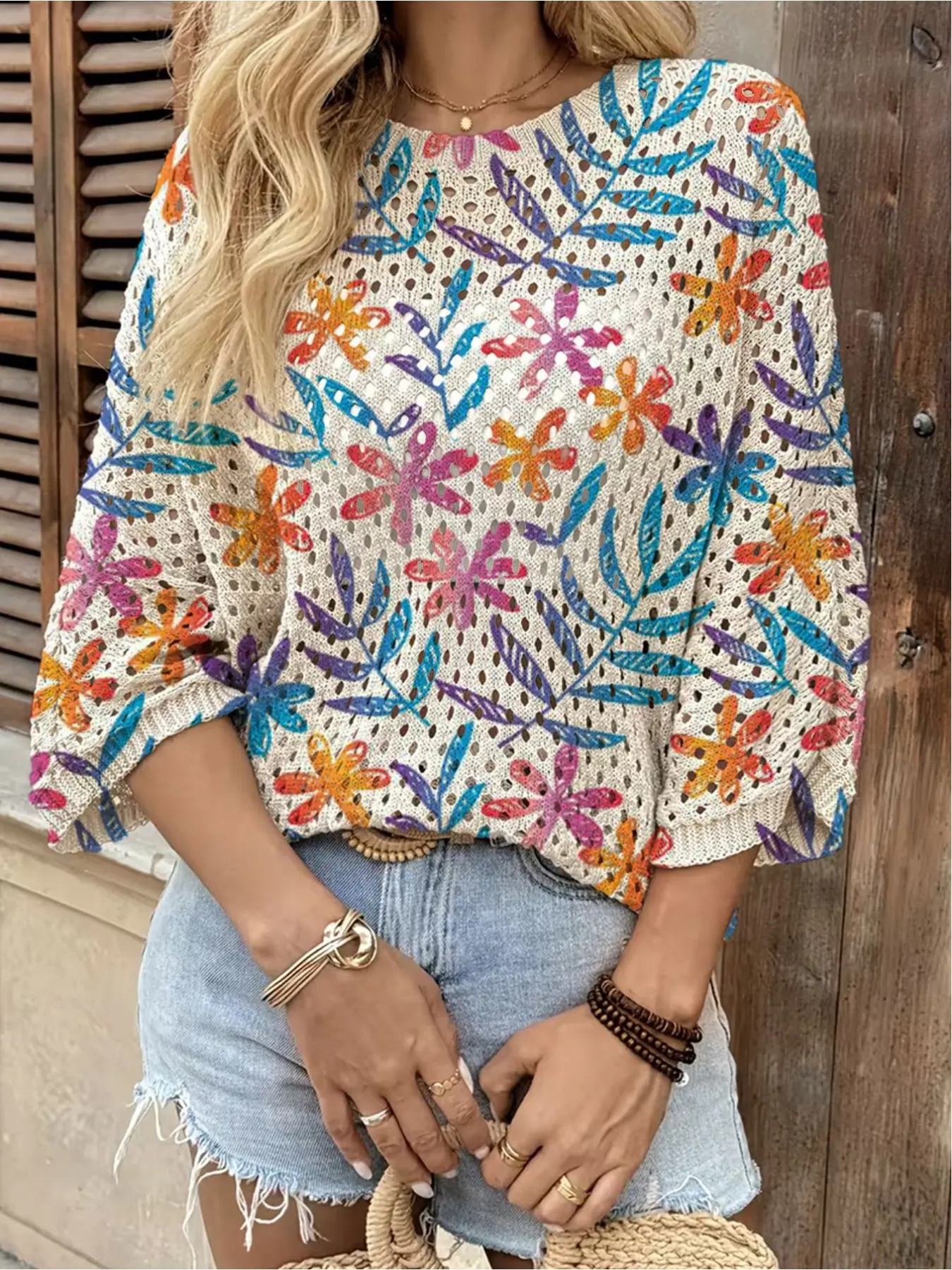 Spring/Summer style, crew neck hollow-out loose batwing raglan sleeve cover-up, colorful floral & botanical print women's knitted top, vacation style, casual and elegant for commute, women's vest cover-up, bikini cover-up, Bohemian vacation style beach co
