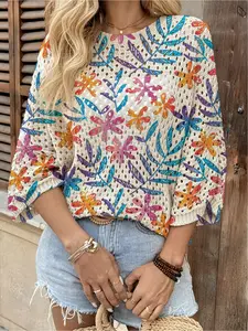 Spring/Summer style, crew neck hollow-out loose batwing raglan sleeve cover-up, colorful floral & botanical print women's knitted top, vacation style, casual for commute, bikini cover-up, Swimsuit cover up