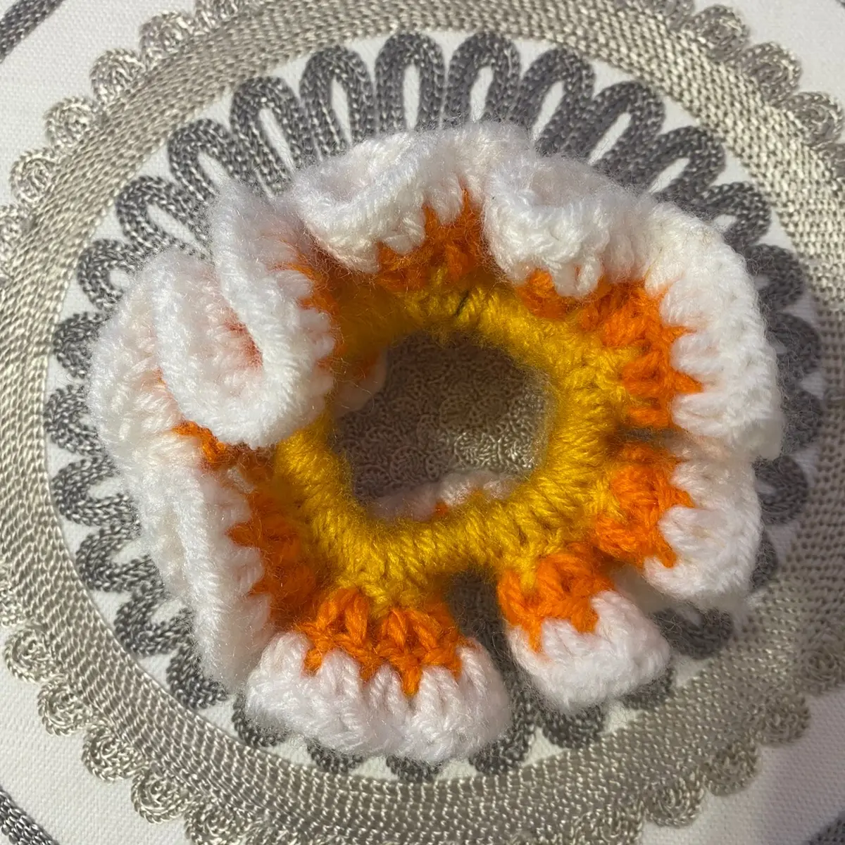 Candy Corn Scrunchie, acrylic yarn