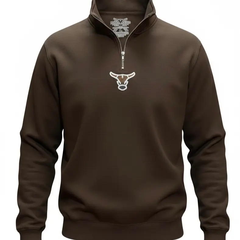 Rancho Original Western Apparel Co. Chocolate 1/4 Zip Pullover Unisex Sweater with Bull Logo Western Inspired Fashion Casual Long Sleeve Sweatshirts