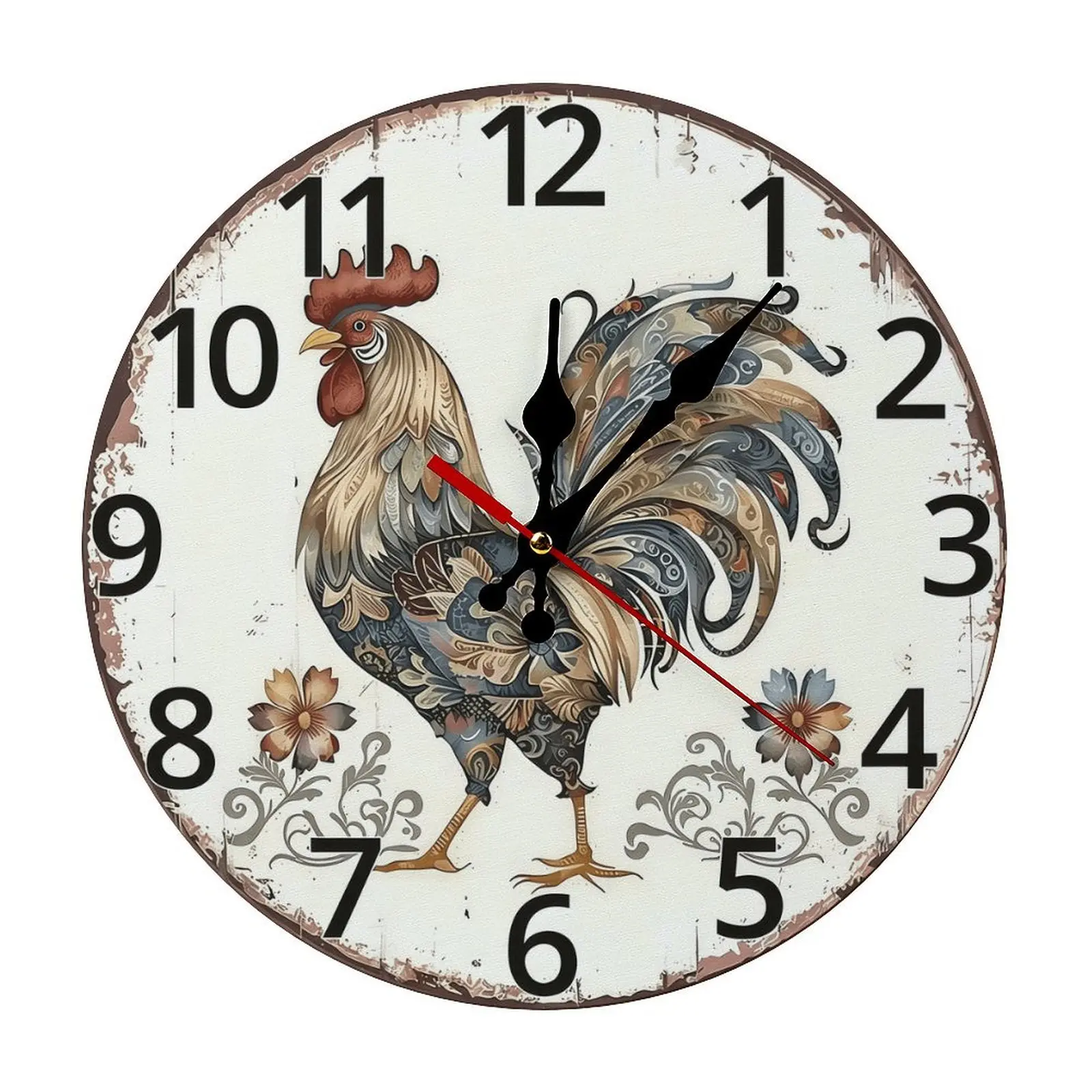 Vintage Floral Paisley Rooster Wood Print Wall Clock - Silent Farmhouse Design, Battery Not Included, Ideal for Rustic Kitchen Decor, Perfect Gift for Home Decoration