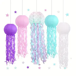 5Pcs hanging jelly fish paper lanterns, pink purple blue white paper lanterns, mermaid themed party underwater birthday decoration