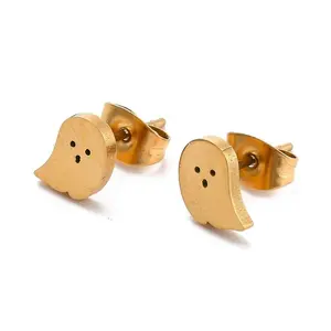 Stainless Steel Stud Post Earrings Cute Scary Ghost Gold E30