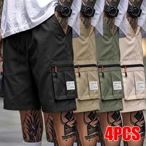 4 Pack Men's Cargo Shorts Drawstring Waist Large Flap Pocket Zipper Accent Label Patch Streetwear Casual Outdoor Summer Wear for Men