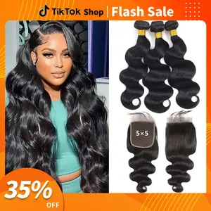 Natural Color Quick Weave 100% Unprocessed Brazilian Virgin Body Wave Human Hair Bundles with 5*5 lace Closure 10A Human Hair Weave Bundles 3 Bundles With 5x5 Transparent Lace Closure Body Wave Bundles Human Hair raw bundles