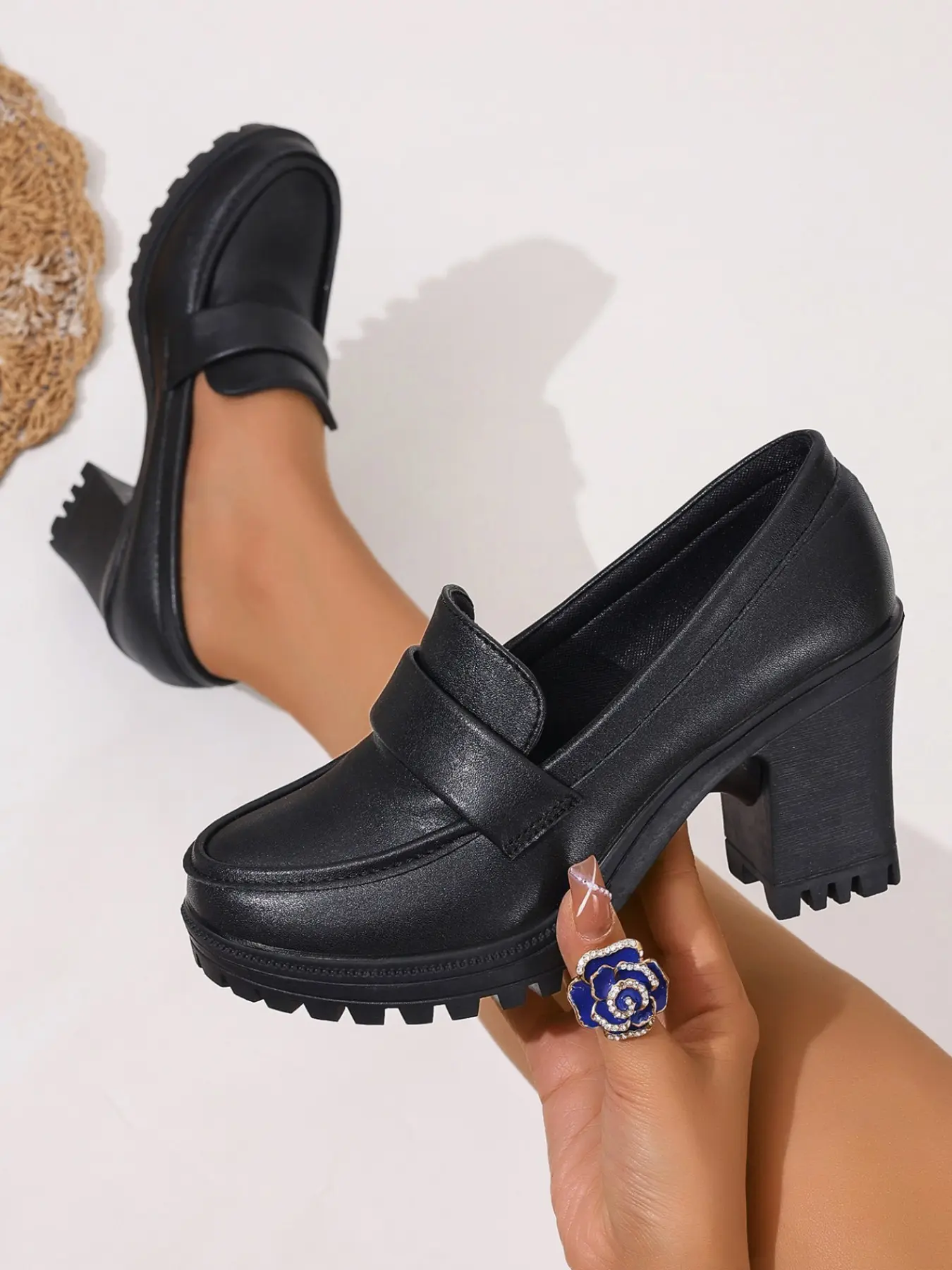 Women's Chunky Block Heel Loafers, Slip-On PU Leather Upper Business Casual Office Environment Work Shoes, Commuter Anti-Slip Single Shoe, Comfortable and Stylish Footwear, Thick Block Heels