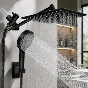 High Pressure Rainfall Handheld Shower Set with 11-inch Extension Arm, 9 Settings, Anti-Leak Chrome Matte Black, Adjustable Height and Angle Holder