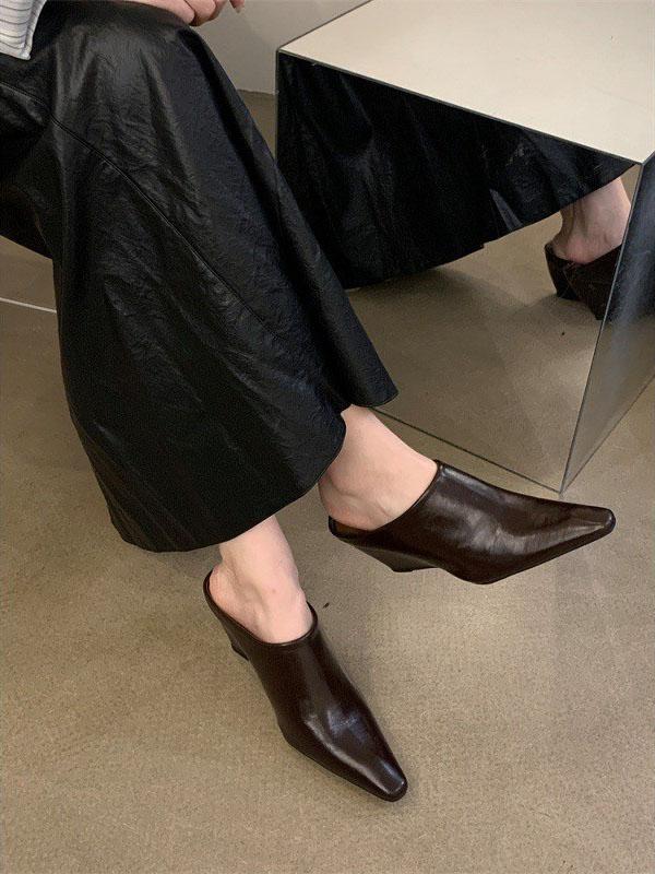 Women's Elegant Leather-Look Wedge Heel Backless Slides - Comfortable Height for Commuting & Formal Occasions