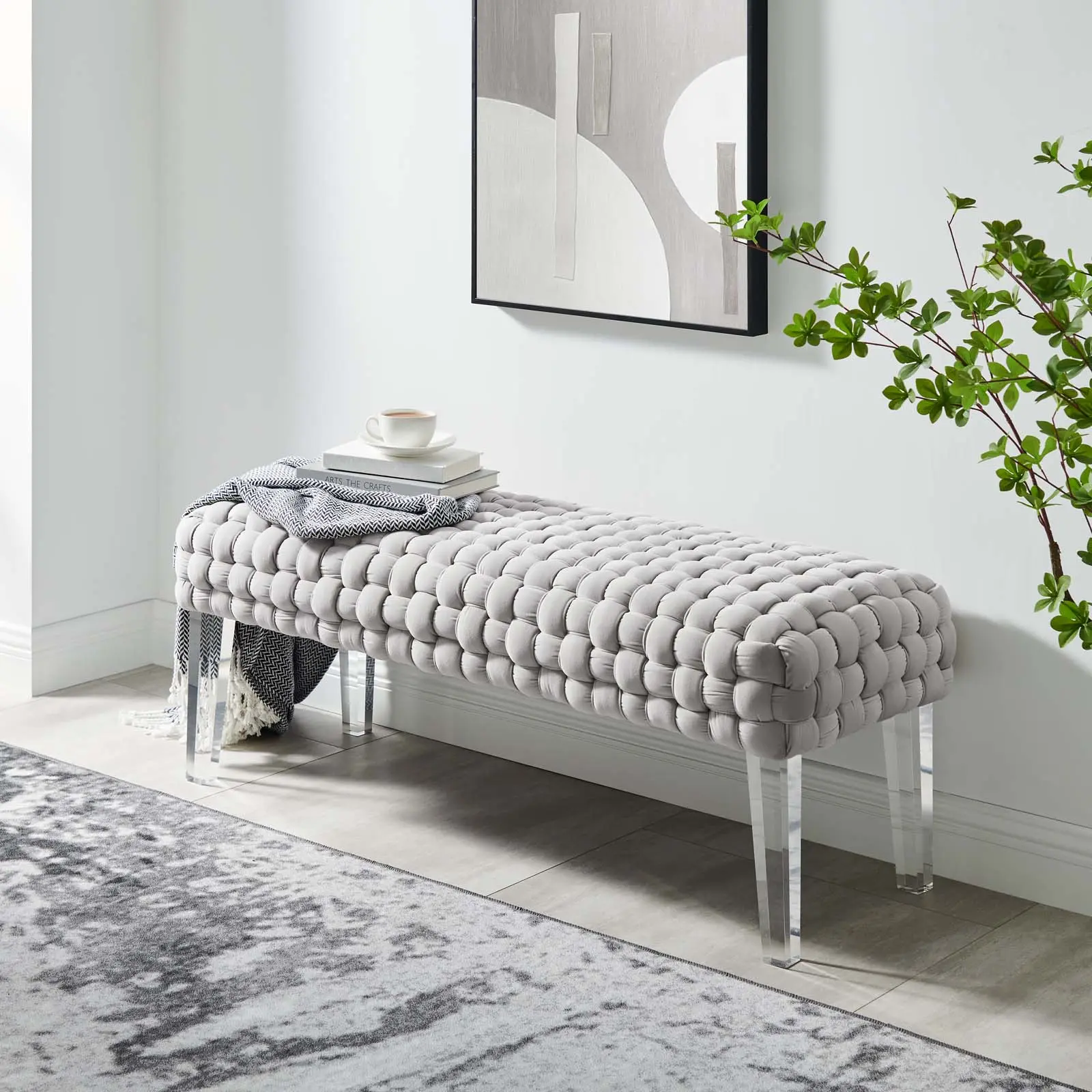 Modway Prologue Woven Performance Velvet Ottoman - Light Gray, Soft Cushioned Footrest Stool, Patterned Upholstery, Velvet Material, 331 lbs Capacity, for Living Room & Lounge Space