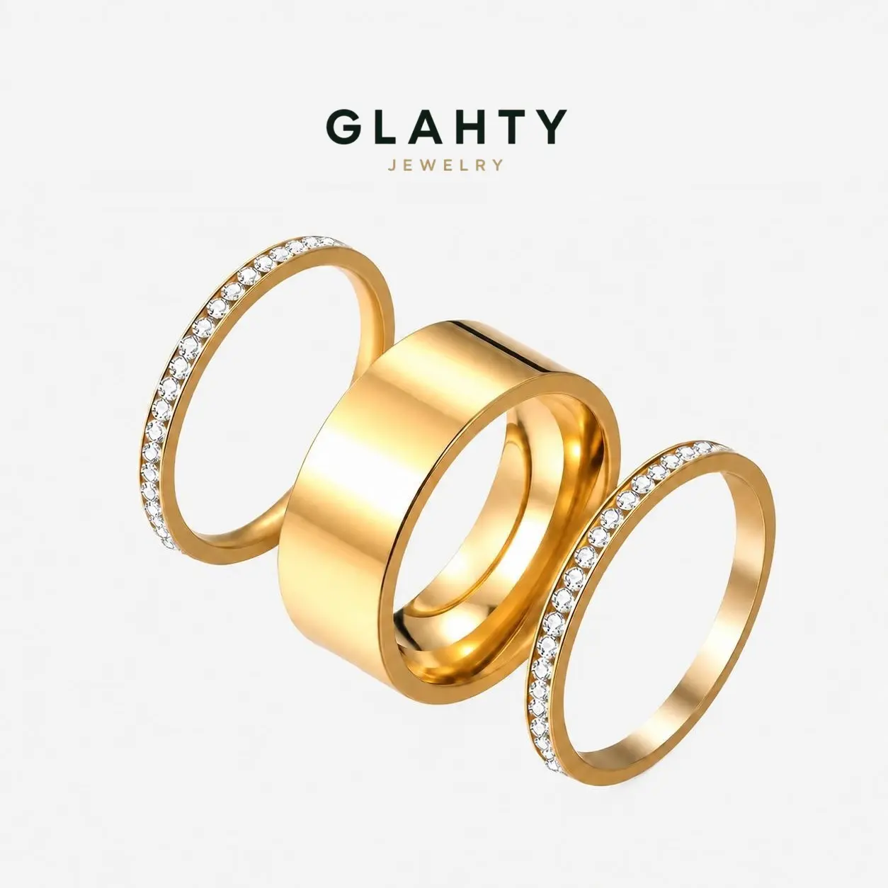 GLAHTY JEWELRY 2 pcs Golden Plated Titanium Steel Stackable Rings, Smooth Edge Cubic Zirconia Wide Band Rings, Ins Luxury Fashion Hand Jewelry Compatible with Oura Ring Gen 4/Gen All Models, Elegant Daily Wear Rings for Women