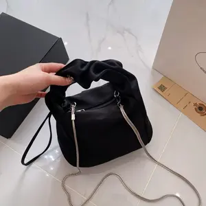 Mini Nylon Cloud Top Handle Bag for Women, Lightweight Crossbody Purse with Chain Strap, 22x14x14cm,  Black Satchel for Daily & Party Use