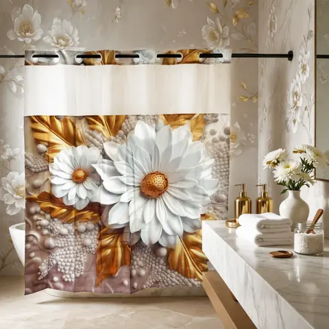 Hookless Botanical Shower Curtain, Polyester 3D Jinrui White Chrysanthemum with Gold Leaf Relief, Hookless Snap-Split Ring Design, Double-Layer Waterproof Inner Lining & Washable Outer Layer, Scandinavian Glam 72x75in Hotel-Spa Bathroom Decor