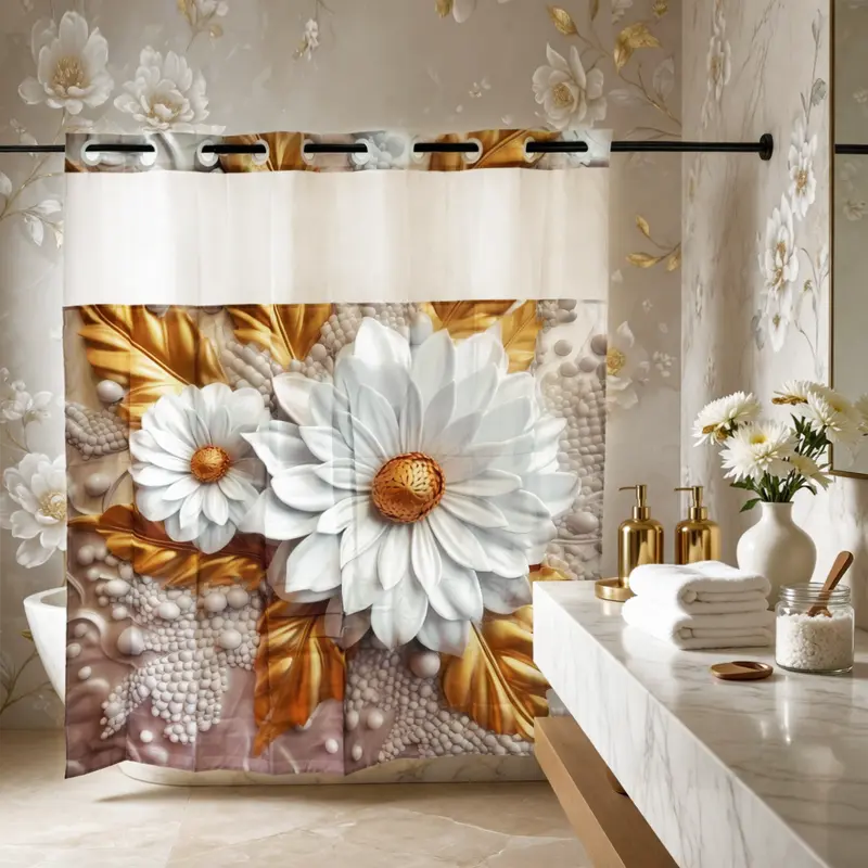 Hookless Botanical Shower Curtain, Polyester 3D Jinrui White Chrysanthemum with Gold Leaf Relief, Hookless Snap-Split Ring Design, Double-Layer Waterproof Inner Lining & Washable Outer Layer, Scandinavian Glam 72x75in Hotel-Spa Bathroom Decor