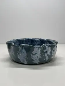 Ceramic Artisanal Wavy-Edge Bowl Handmade Moody Blue Marble Glaze with Soft White Splashes Organic Sculptural Rim Functional Art Catchall Bowl