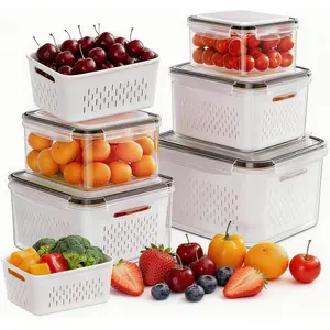 Household Essentials Countertop Storage Box 5 Pack 4Pack Fruit Storage Containers for Fridge, Plastic Fruit Containers for Fridge with Removable Colanders, Leakproof Fridge Organizers and Storage for Berry Vegetable Salad Lettuce Meat Food Stackable