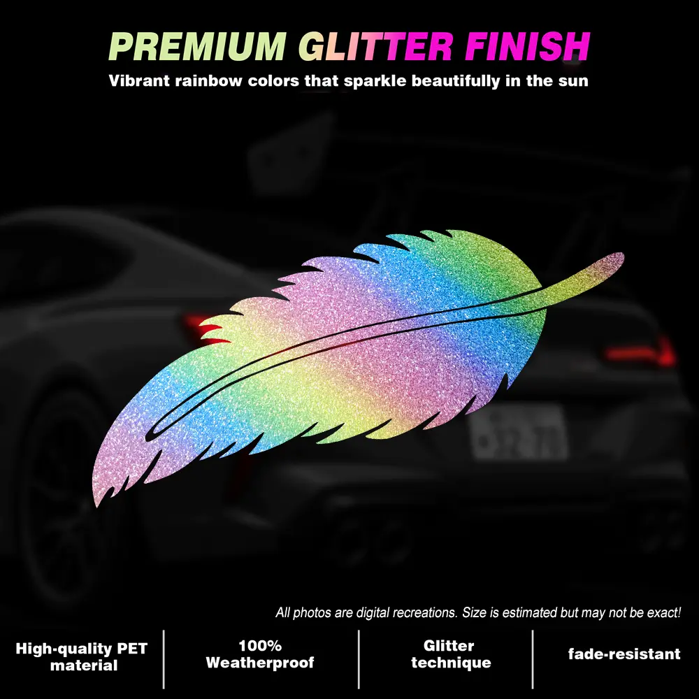 Sparkly Rainbow Stripe Feather Car Sticker - Premium Glitter Boho Angel Wing Decal, Color Changing Radiant PET Body Accessory, Fade-Resistant All Seasons Decor for Women’s Auto Bumper, Window, Laptop, Luggage, Personalization Car Stickers, Elegant Car Sti