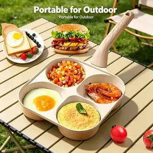 Non-Stick 4 Hole Frying Pan with Wooden Handle Easy Flip Egg &Pancake Maker for Perfect Breakfast