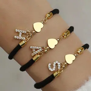Custom Initial Letter Bracelet, Gold Plated Heart Charm Adjustable Red/Black/White Cord Bracelet, Personalized Name Bracelet Gift for Women