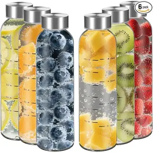 Reusable Glass Juice Bottles 17oz 25oz 4Pack 6Pack Clear Water Bottle with Stainless Steel Cap 100% Leak Proof BPA Free Drinkware Washable Tumbler for Refrigerator Bottled