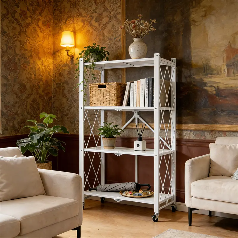 White 4-Tier Adjustable Folding Rectangle Storage Holders & Racks - Heavy-Duty Rolling Cart on Wheels, 60 Seconds Setup-Free Collapsible Unit, Reduces Volume by 96% for Kitchen Pantry, Steady Stand