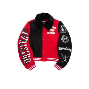 Kisha Black/Red/White Fur Collar Varsity Jacket