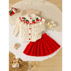 Princess Style Cherry Pendant Cardigan & Solid Red Skirt Set for Girls Perfect for Outdoor Activities