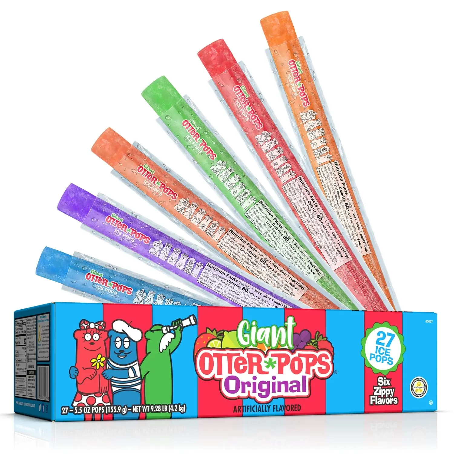 Otter Pops Giant Freezer Pops, Original 6 Flavors, 5.5oz, 27 Count
