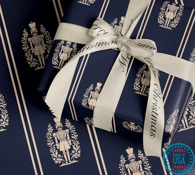 Elegant Nutcracker Christmas Wrapping Paper. Navy Blue Holiday Gift Wrap. Classic Nutcracker Seasonal Gift Wrap. Vintage Gift Wrap