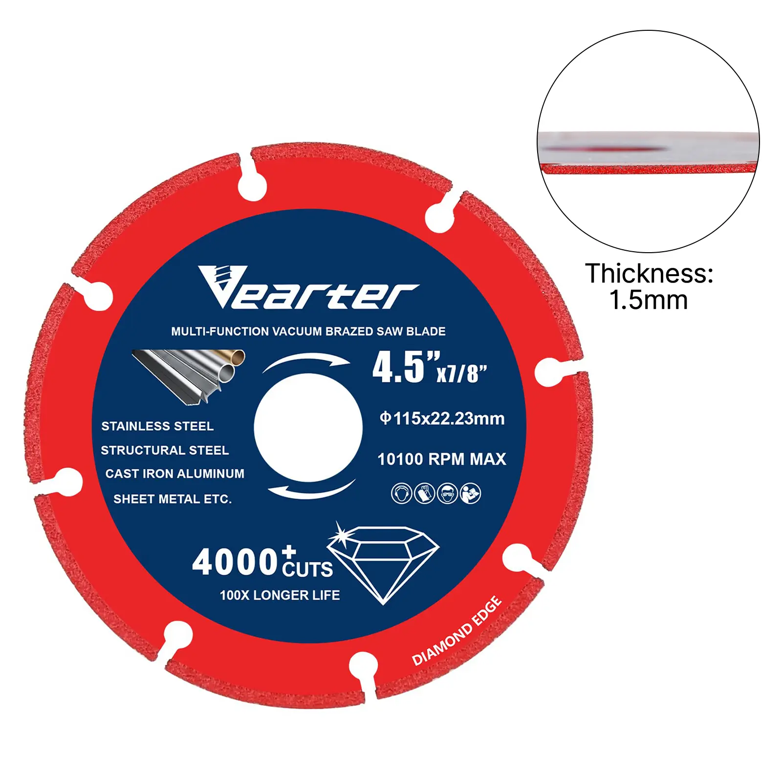 Vearter 4.5-inch Diameter Diamond Saw Blade, 7/8-inch Arbor Vacuum Brazed Cut Off Wheel – For Structural Steel, Stainless Steel, Cast Iron, Aluminum, Copper, Sheet Metal, 4000 Cuts, Extra Long Life, Arbor Mount