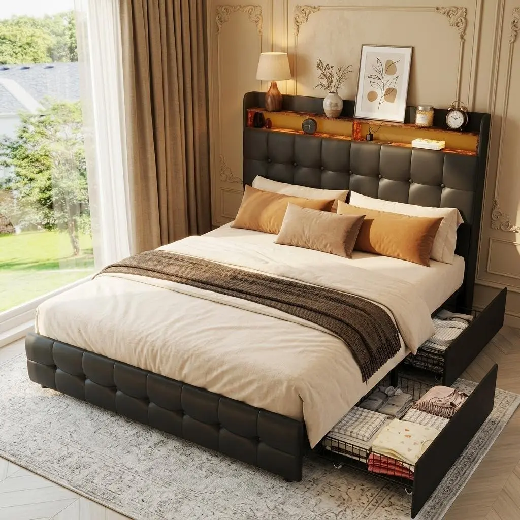 Full Size Upholstered Fabric Bed Frame with Storage Drawers and LED Lights, Headboard and Frame Included