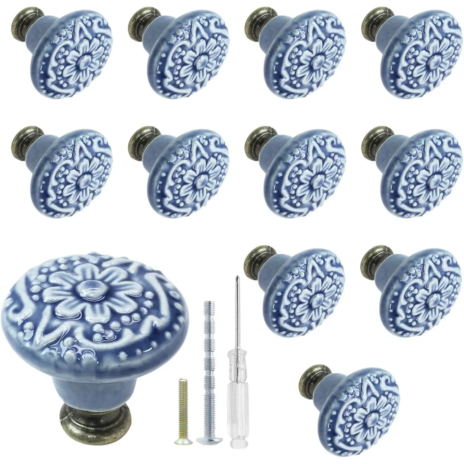 12 Pcs Light Blue Vintage Design Ceramic Cabinet Knobs and Pulls for Drawer, Cupboard, Closet Doors
