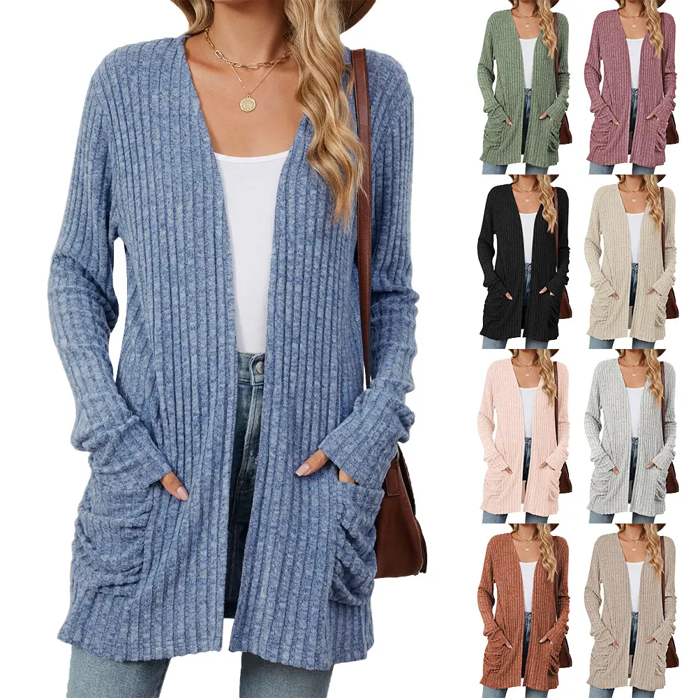 New Autumn Winter Pure-Color Pocket Long-Sleeved Base Cardigan for Ladies Womenswear