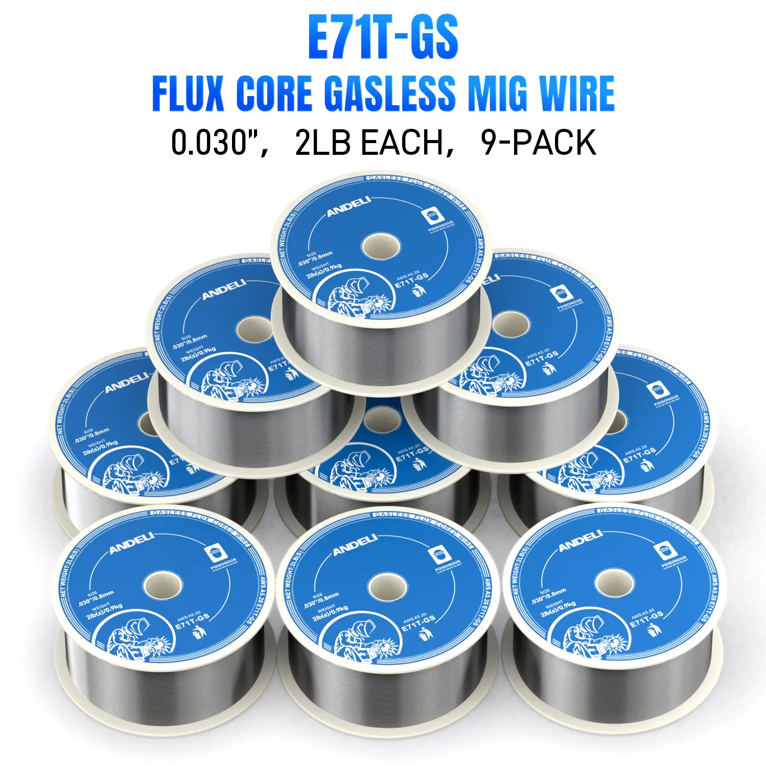 【DealsForYouDays】ANDELI Gasless Flux Cored Welding Wire, .030"/.035" E71T-GS 2Lbs Spool, Low Splatter, Dustproof, Moistureproof, Vacuum Packed, Easy to Weld, Full Slag Coverage, Versatile for Mild Carbon Steel Welders, Automotive Maintenance metal repair