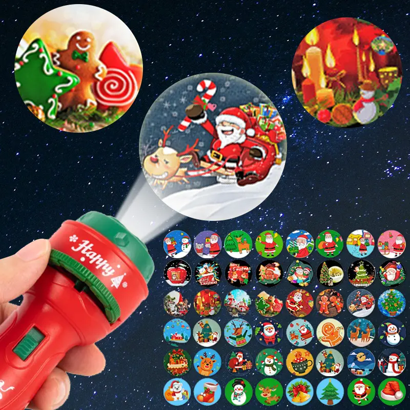Unisex 2-in-1 Projector Flashlight Torch Toy - 48 Patterns, BPA-Free, Cartoon Santa Design, Fun Early Education Toy for 4-6 Years Kids, Memory Training & Observation Development Birthday Gift