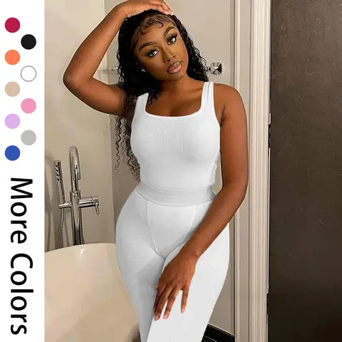 Casual Workout Sets Two Piece Outfits for Women Ribbed Crop Tank Top High Waist Long Yoga Leggings Active Wear
