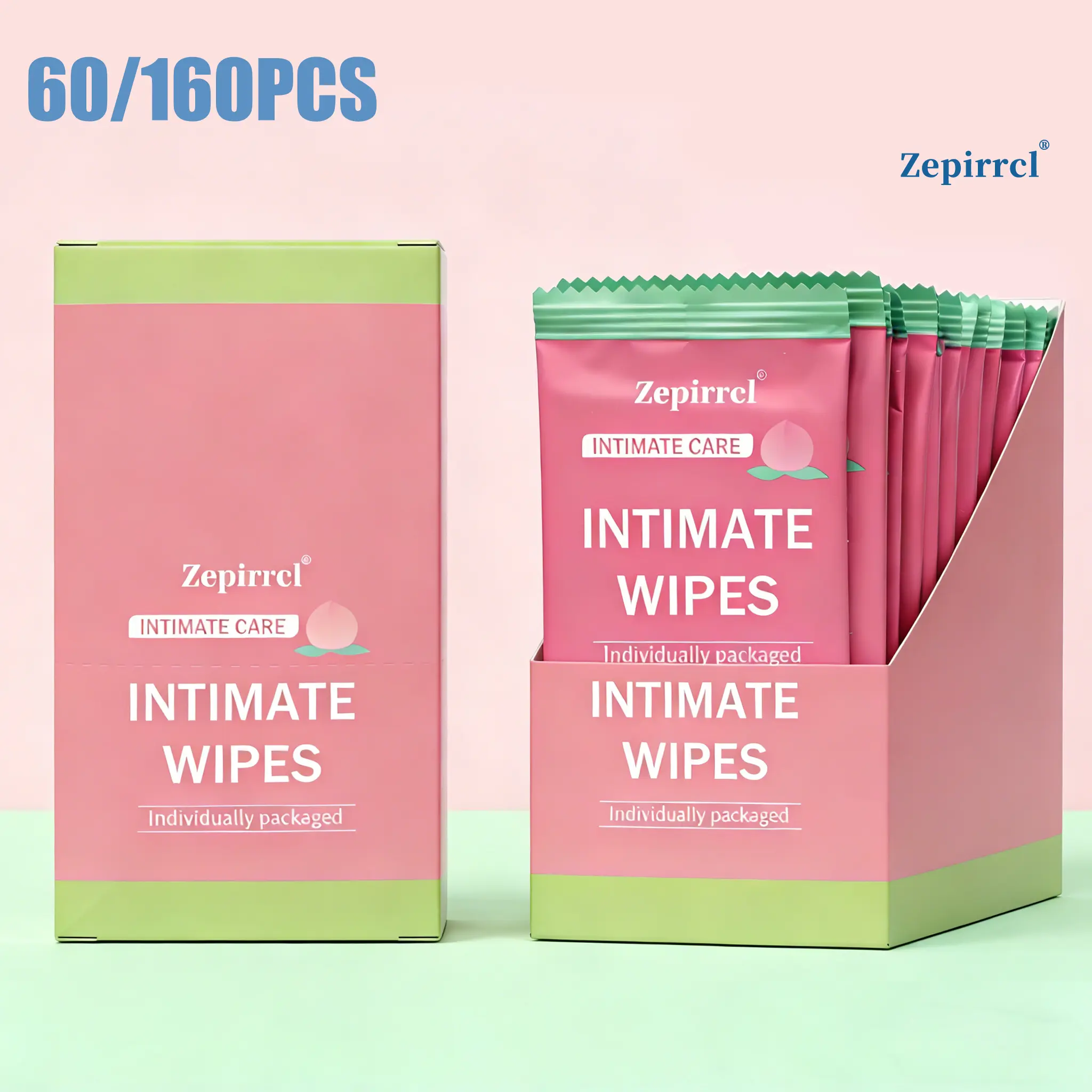 60/160 pcs disposable feminine care wet wipes, gentle and skin-friendly, individually packaged, suitable for daily use, menstruation, travel, workouts, and postpartum care. 40 or 60 pieces per box, 20 × 15 cm.