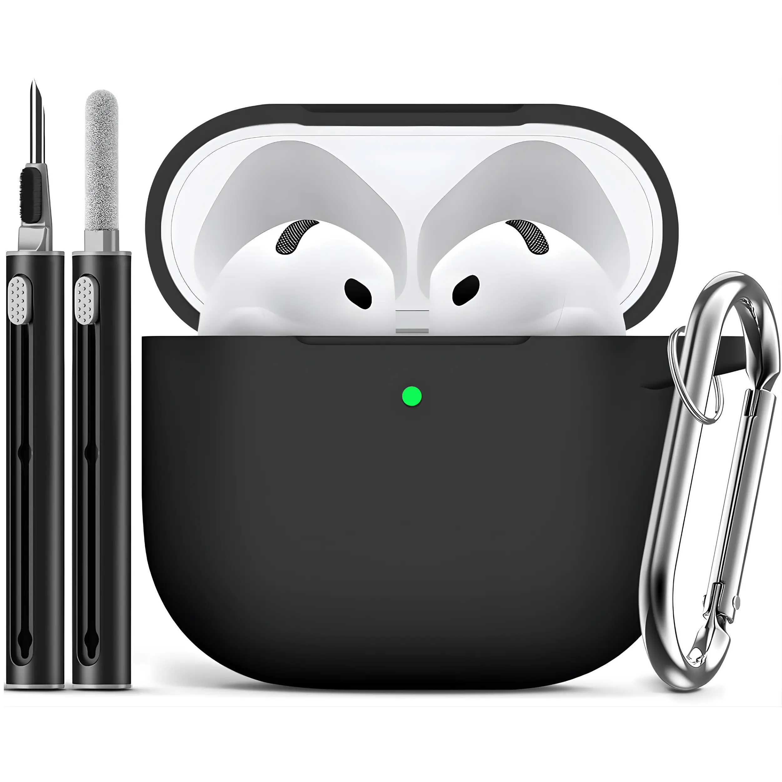 Silicone Case for AirPods 4 2024 Protective Cover with Cleaning Kit & Keychain, Shockproof Anti-Scratch Slim Case for AirPods 4th Gen, Lightweight Durable Portable Accessories, Black